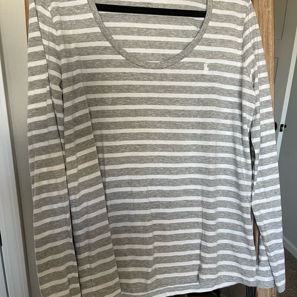 Polo Ralph Lauren Gray and White Striped Long Sleeve Tee